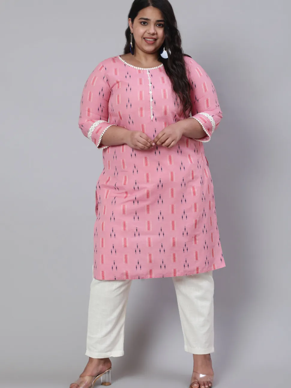 Jaipur Kurti Plus Size Self Weaved Straight Kurta With Off-White Pants