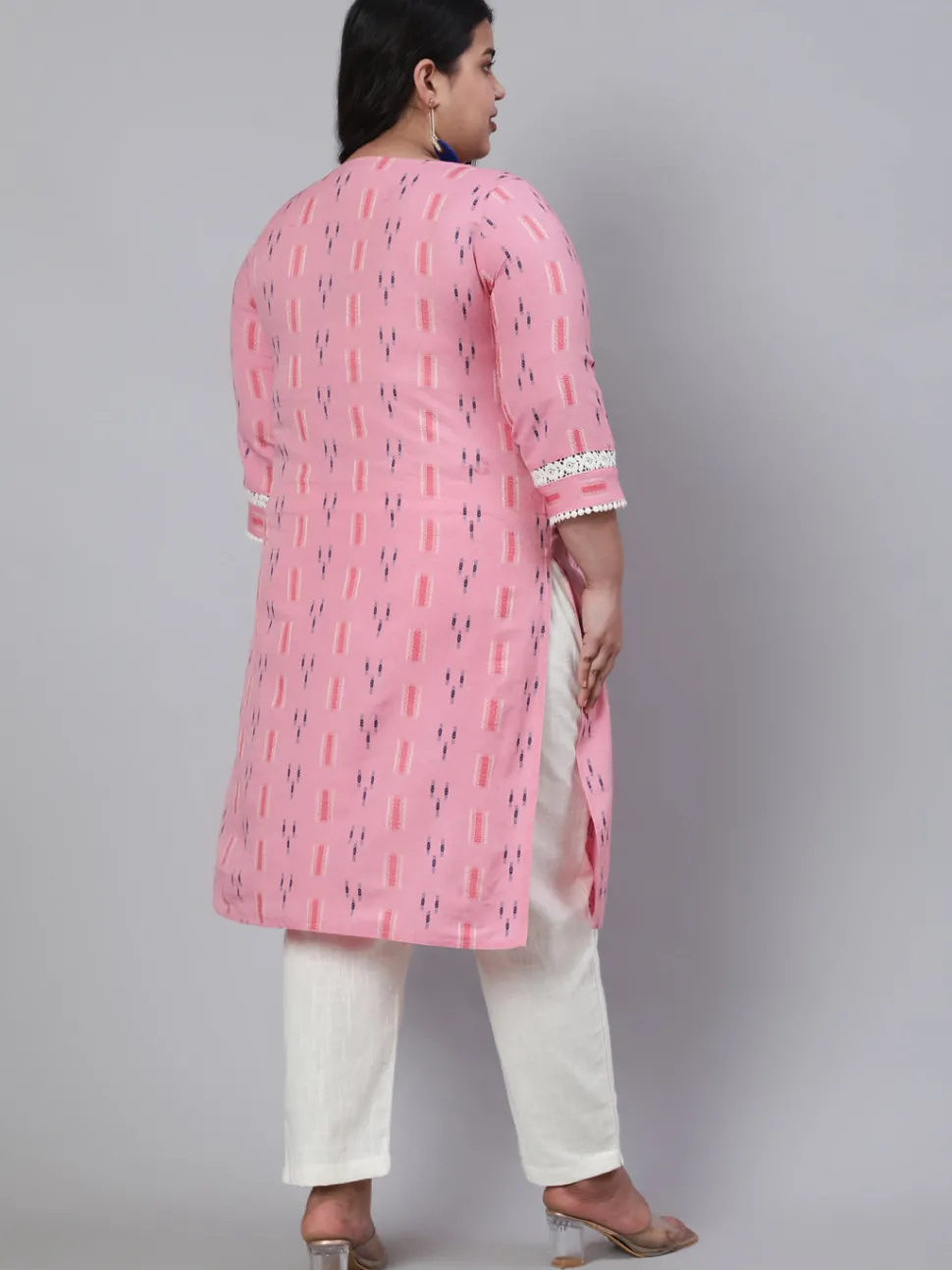 Jaipur Kurti Plus Size Self Weaved Straight Kurta With Off-White Pants