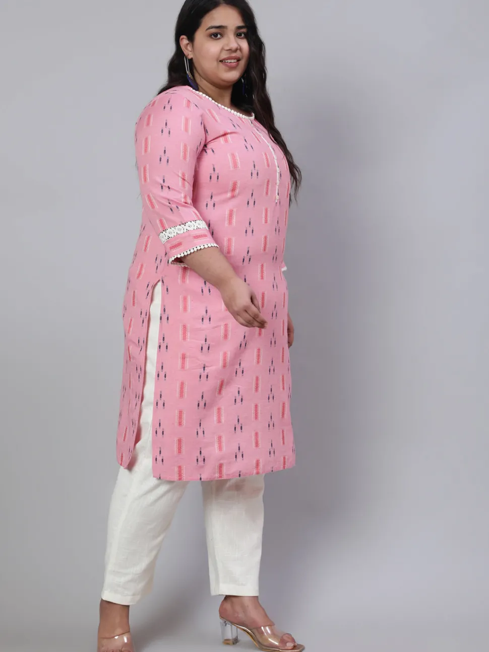 Jaipur Kurti Plus Size Self Weaved Straight Kurta With Off-White Pants