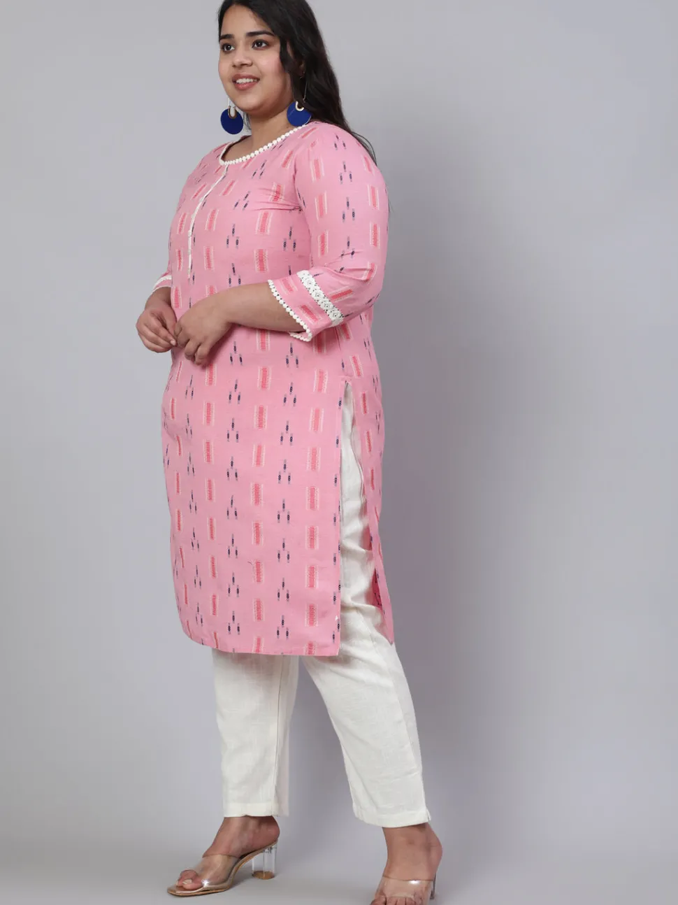 Jaipur Kurti Plus Size Self Weaved Straight Kurta With Off-White Pants
