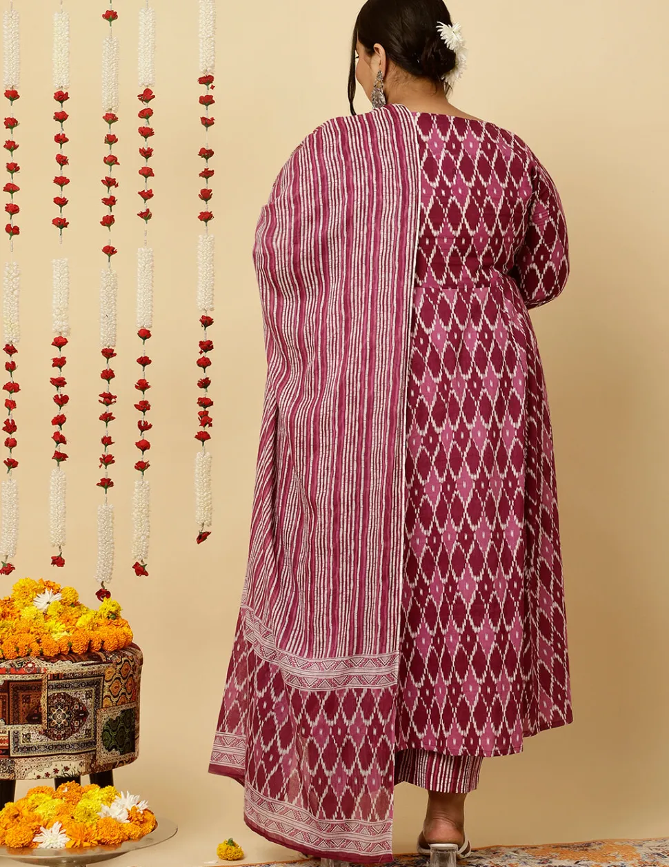 Jaipur Kurti Plus Size Mirror Embellished Ikat Printed Anarkali Kurta With Pants And Dupatta