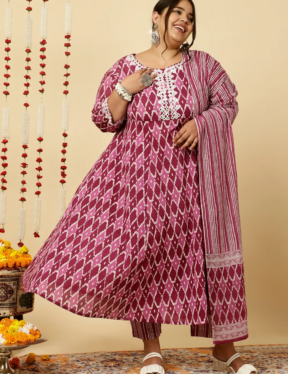Jaipur Kurti Plus Size Mirror Embellished Ikat Printed Anarkali Kurta With Pants And Dupatta