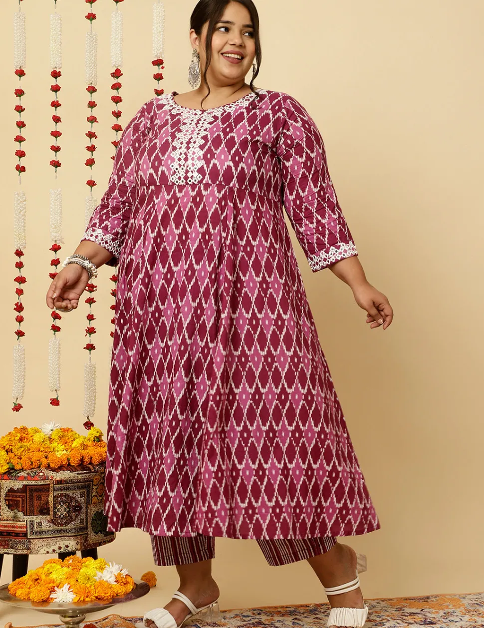 Jaipur Kurti Plus Size Mirror Embellished Ikat Printed Anarkali Kurta With Pants And Dupatta