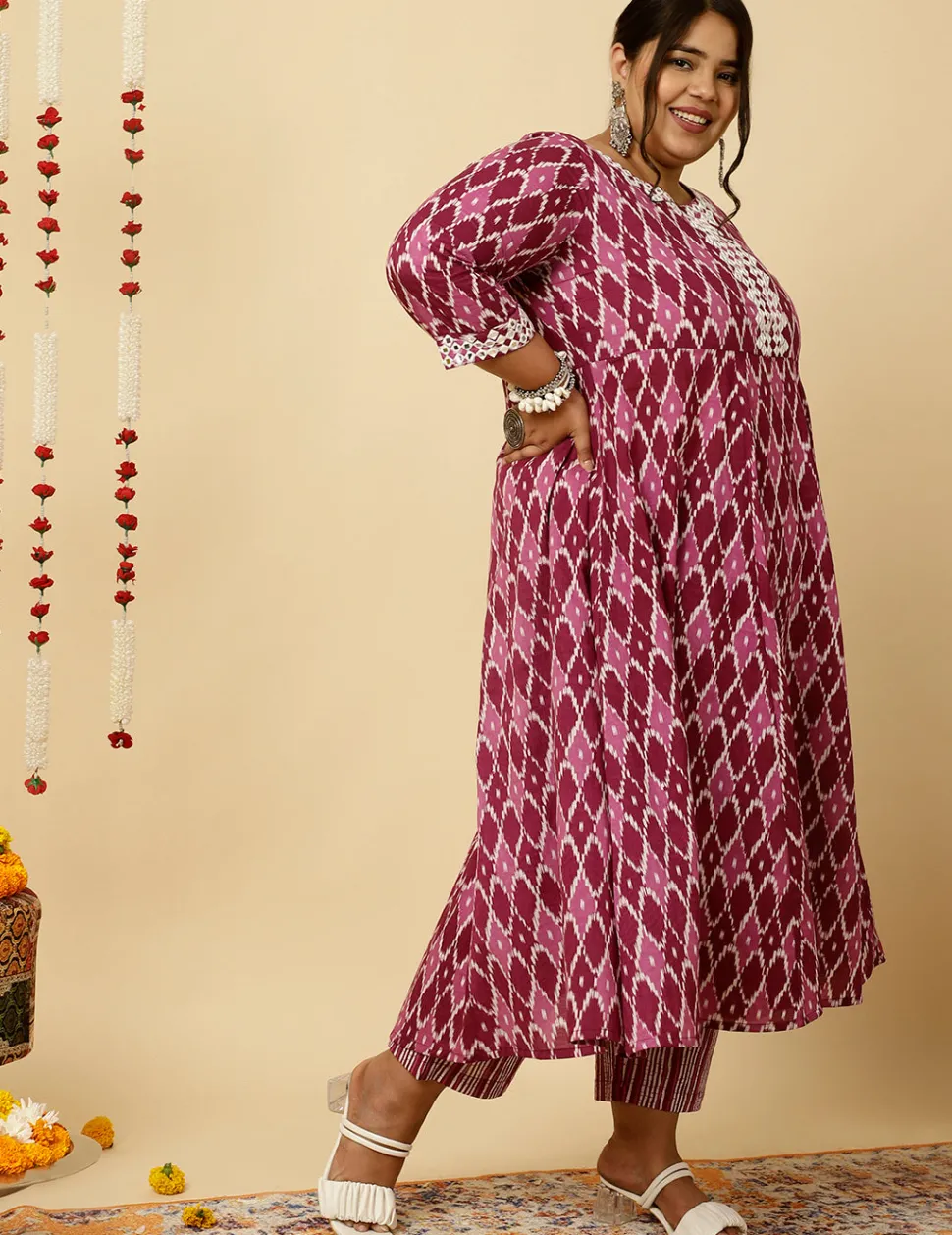 Jaipur Kurti Plus Size Mirror Embellished Ikat Printed Anarkali Kurta With Pants And Dupatta