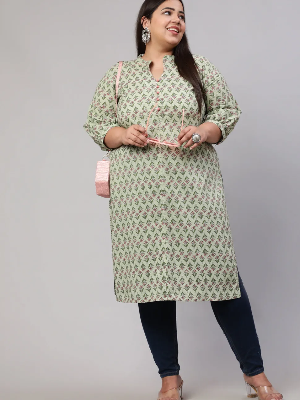 Jaipur Kurti Plus Size Sage Ethnic Mughal Buti Printed Straight Kurta