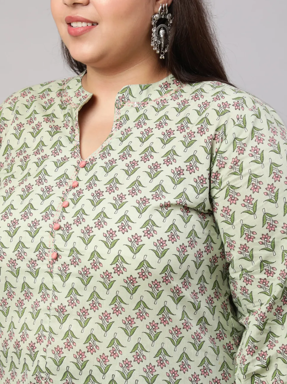 Jaipur Kurti Plus Size Sage Ethnic Mughal Buti Printed Straight Kurta