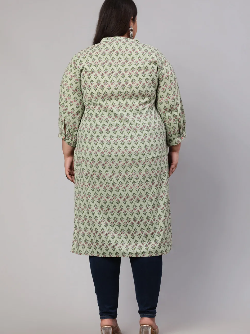 Jaipur Kurti Plus Size Sage Ethnic Mughal Buti Printed Straight Kurta