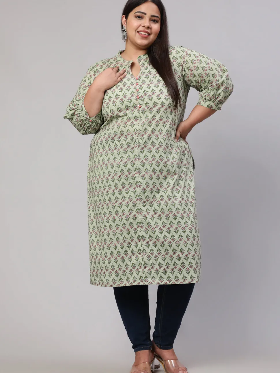 Jaipur Kurti Plus Size Sage Ethnic Mughal Buti Printed Straight Kurta