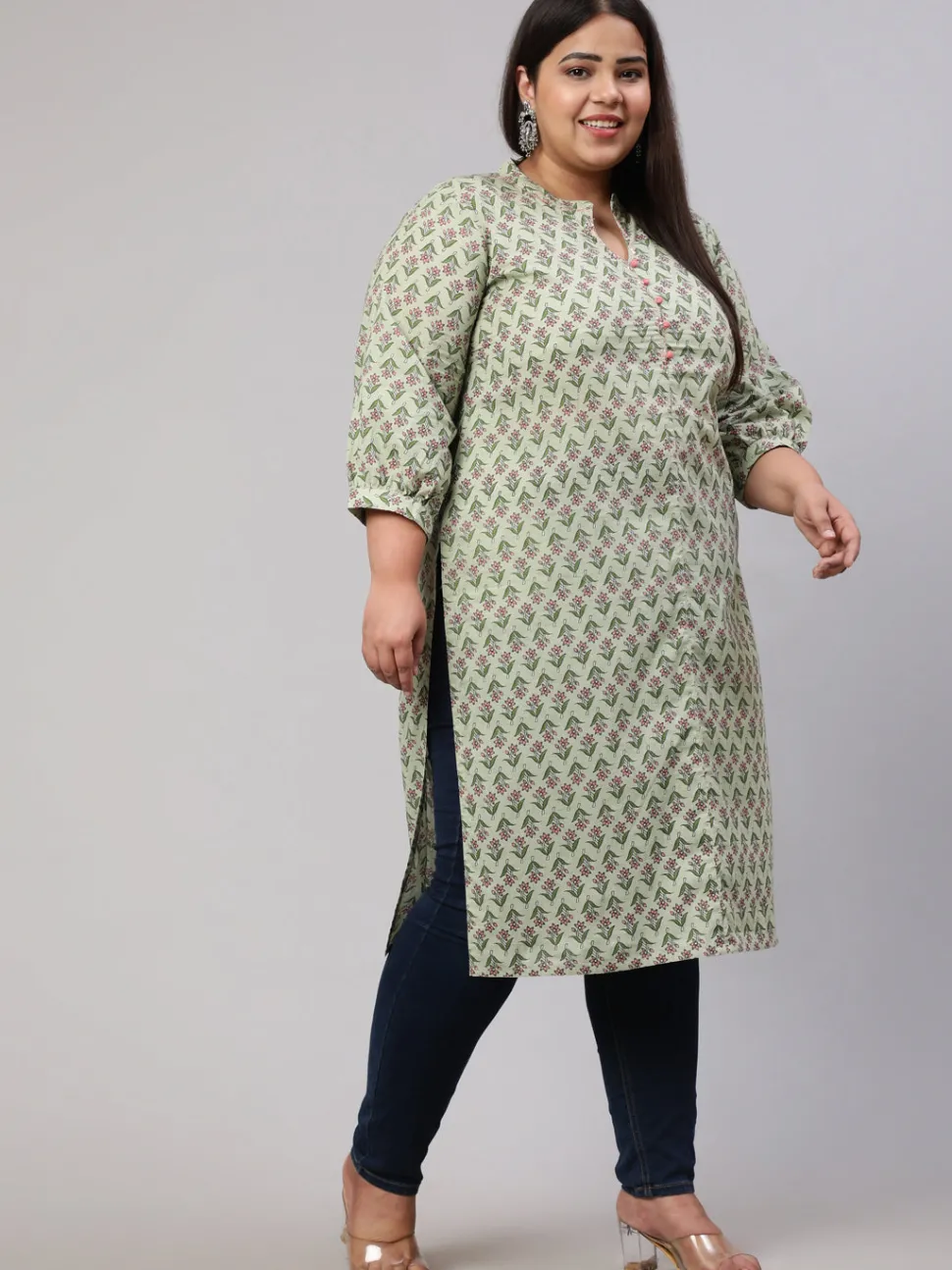 Jaipur Kurti Plus Size Sage Ethnic Mughal Buti Printed Straight Kurta