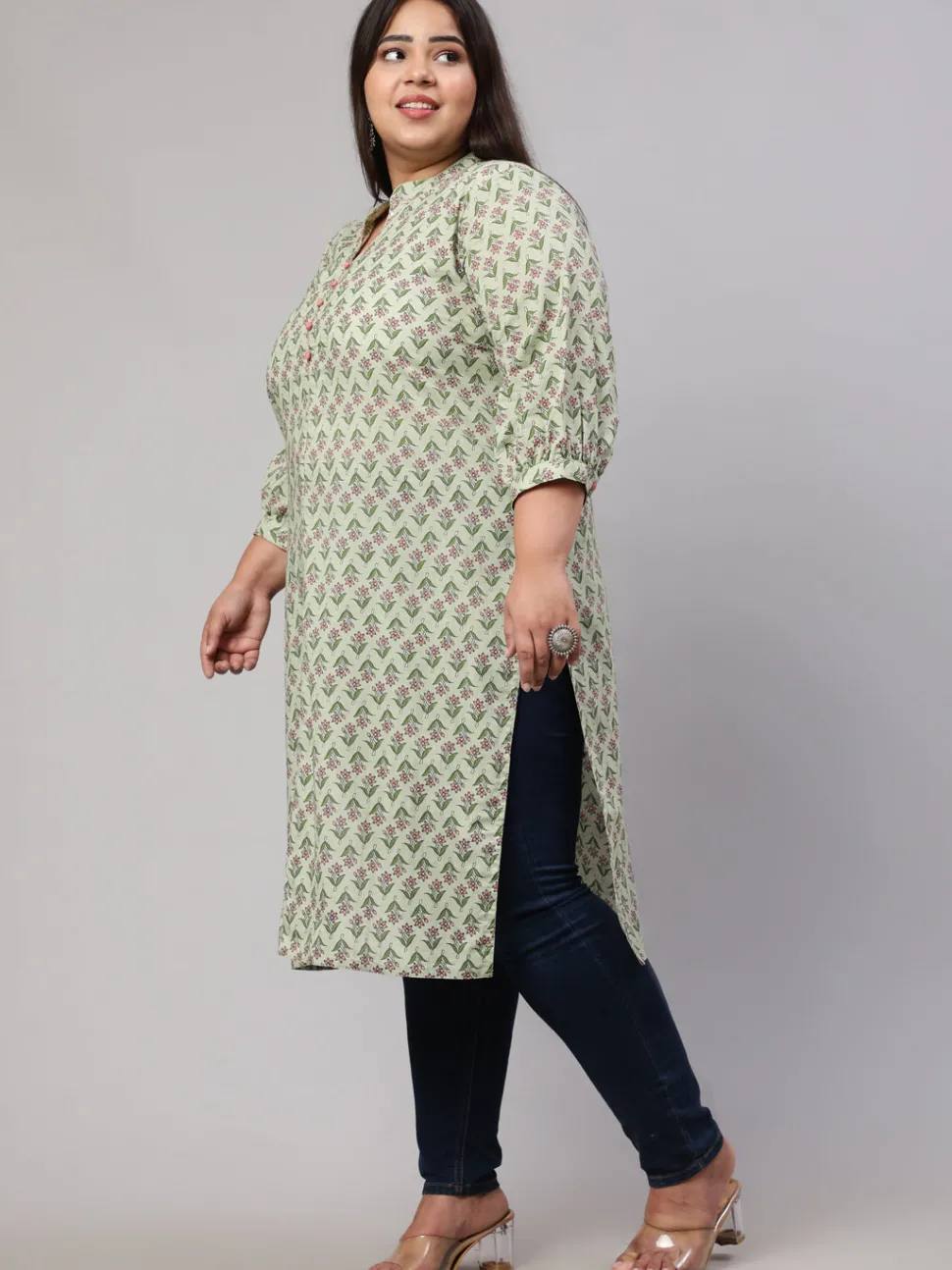 Jaipur Kurti Plus Size Sage Ethnic Mughal Buti Printed Straight Kurta