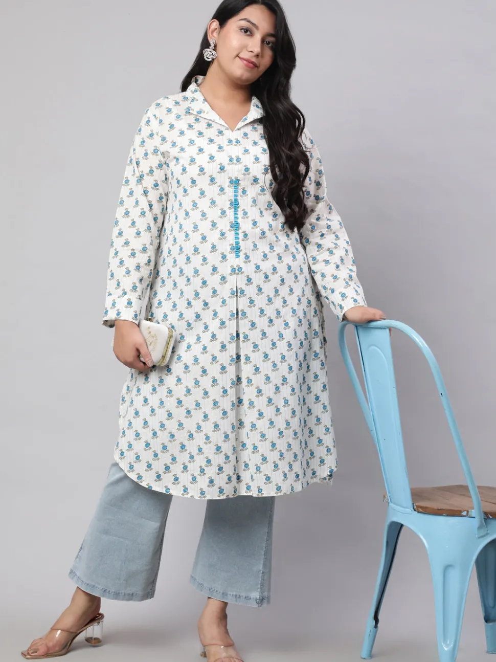 Jaipur Kurti Plus Size Turquoise Blue Ethnic Printed Cotton Lurex Kurta
