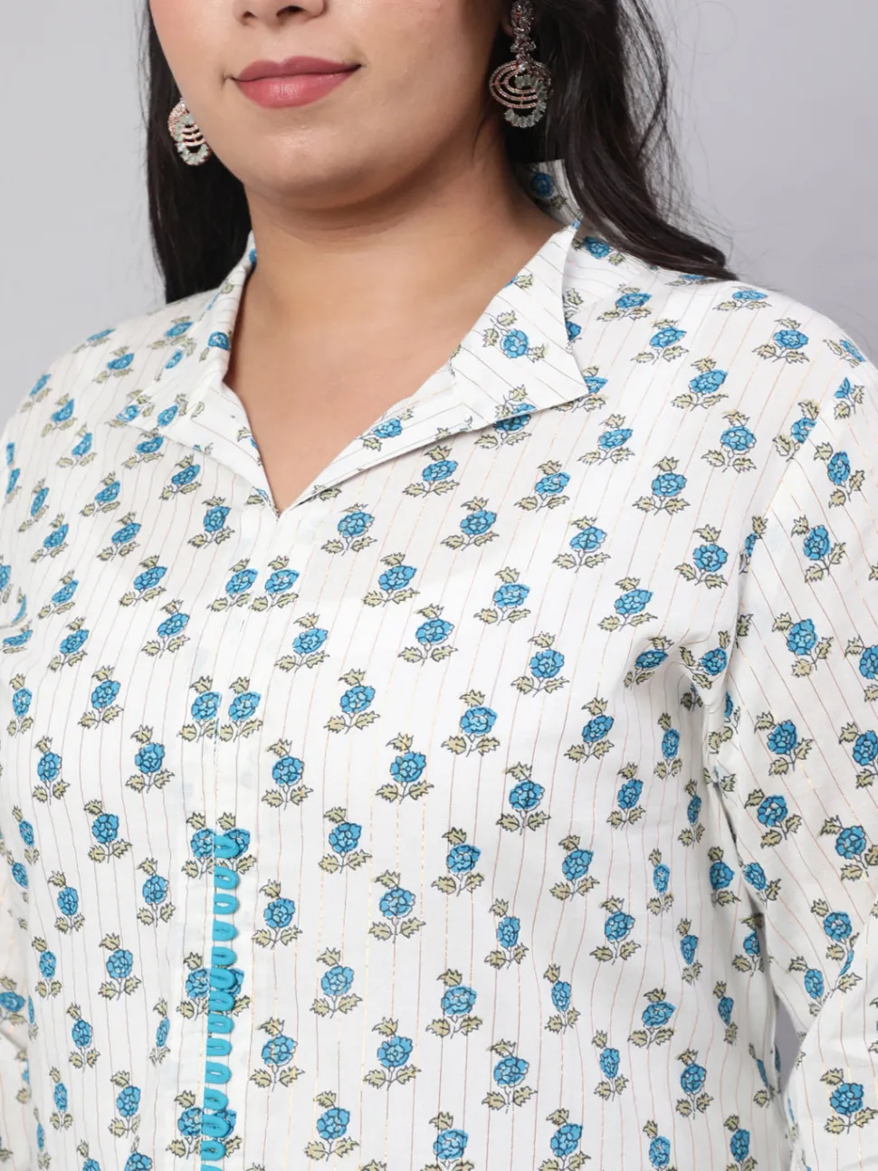 Jaipur Kurti Plus Size Turquoise Blue Ethnic Printed Cotton Lurex Kurta