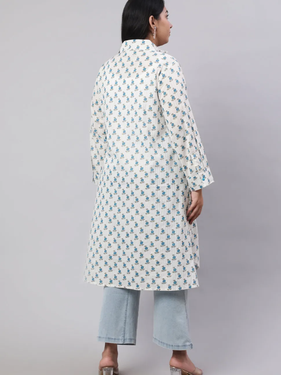 Jaipur Kurti Plus Size Turquoise Blue Ethnic Printed Cotton Lurex Kurta