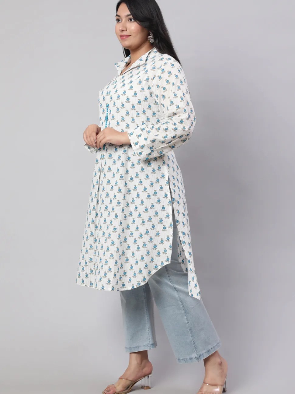 Jaipur Kurti Plus Size Turquoise Blue Ethnic Printed Cotton Lurex Kurta