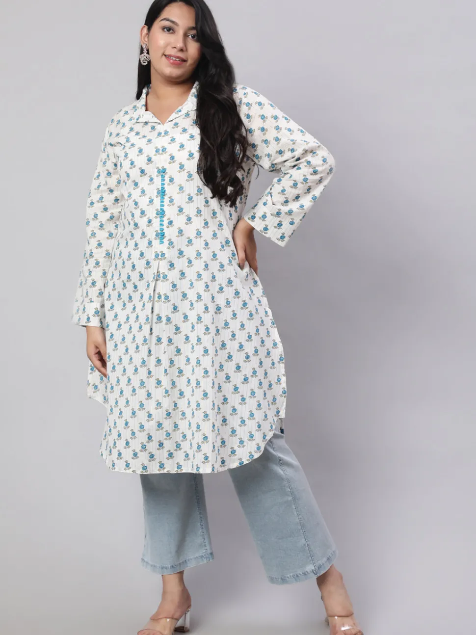 Jaipur Kurti Plus Size Turquoise Blue Ethnic Printed Cotton Lurex Kurta