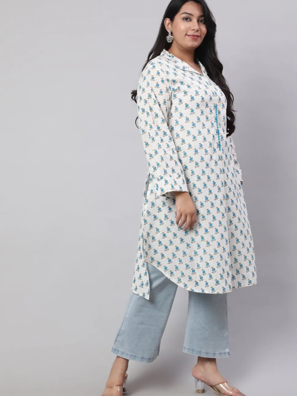 Jaipur Kurti Plus Size Turquoise Blue Ethnic Printed Cotton Lurex Kurta