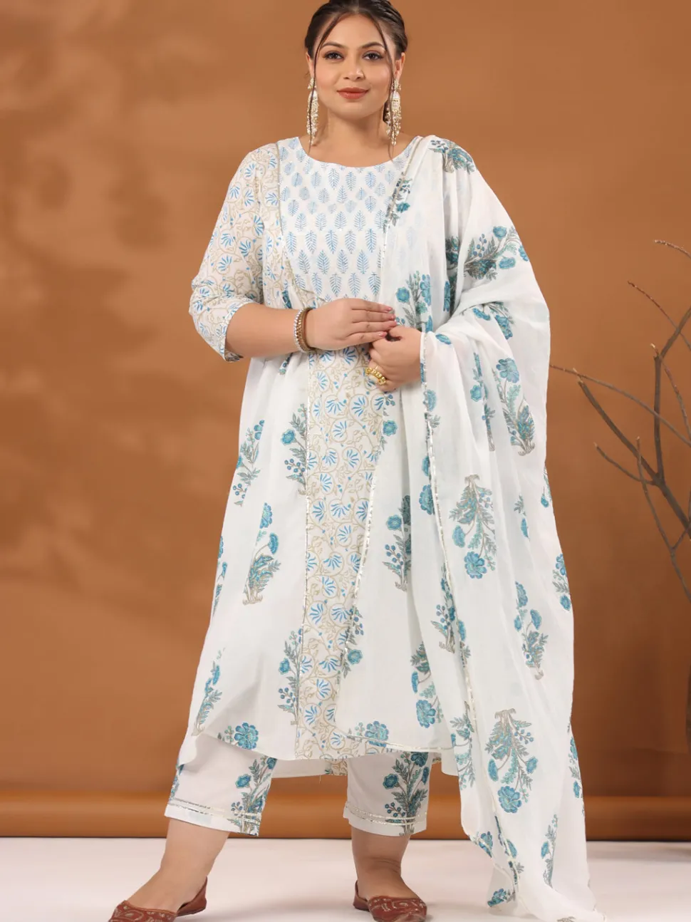 Jaipur Kurti Plus Size White & Turquoise Blue Ethnic Printed Flared Kurta With Pants & Dupatta