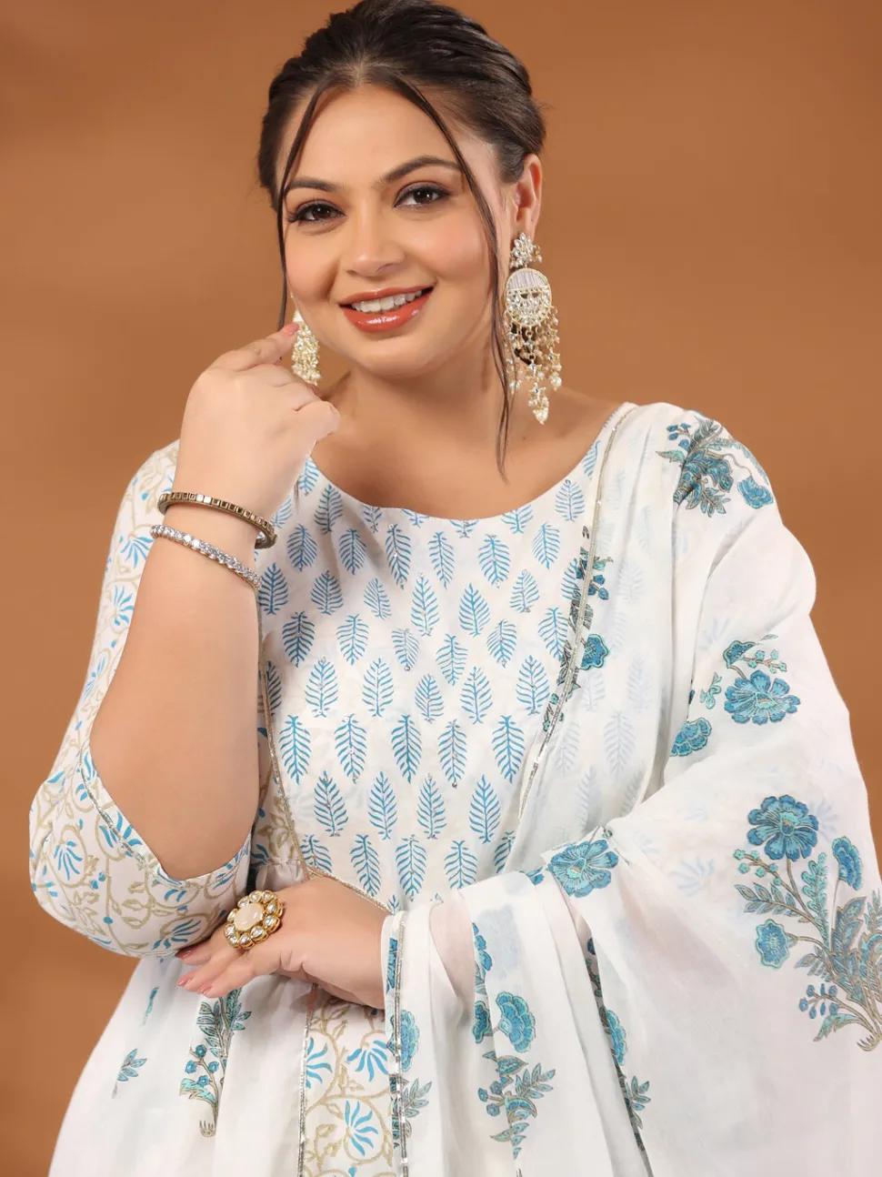 Jaipur Kurti Plus Size White & Turquoise Blue Ethnic Printed Flared Kurta With Pants & Dupatta