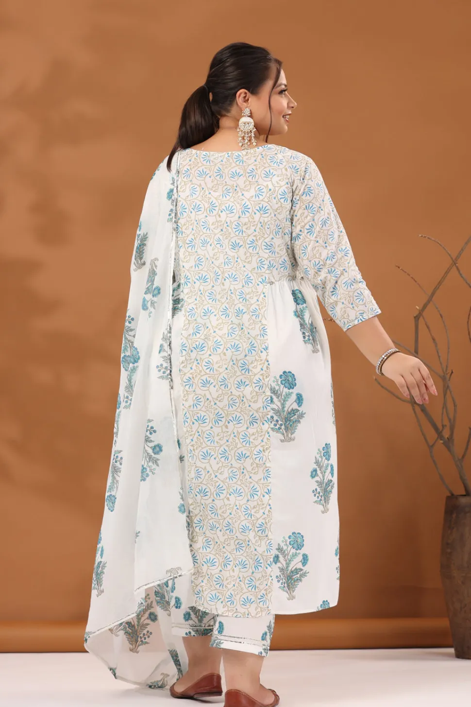 Jaipur Kurti Plus Size White & Turquoise Blue Ethnic Printed Flared Kurta With Pants & Dupatta
