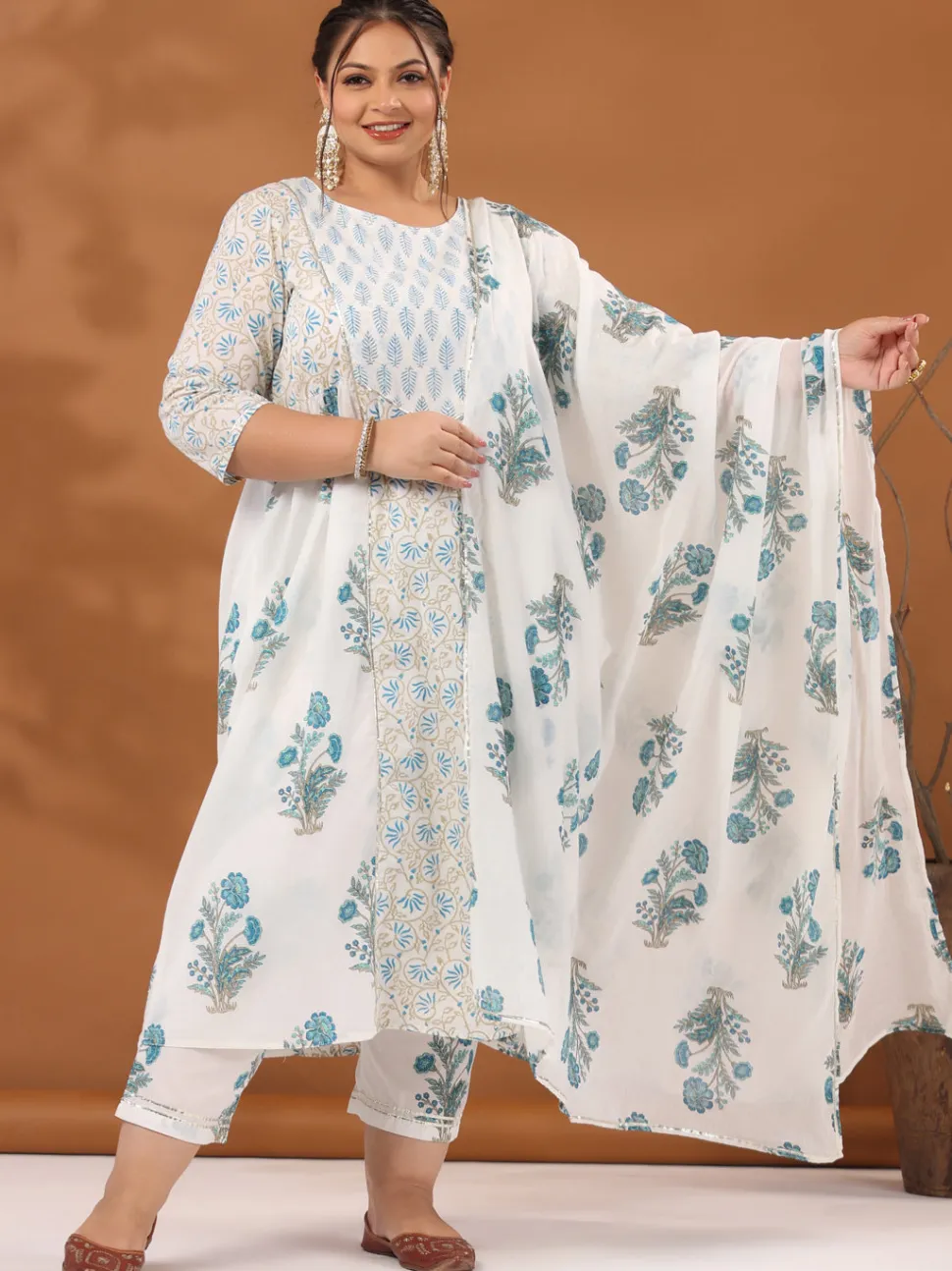 Jaipur Kurti Plus Size White & Turquoise Blue Ethnic Printed Flared Kurta With Pants & Dupatta