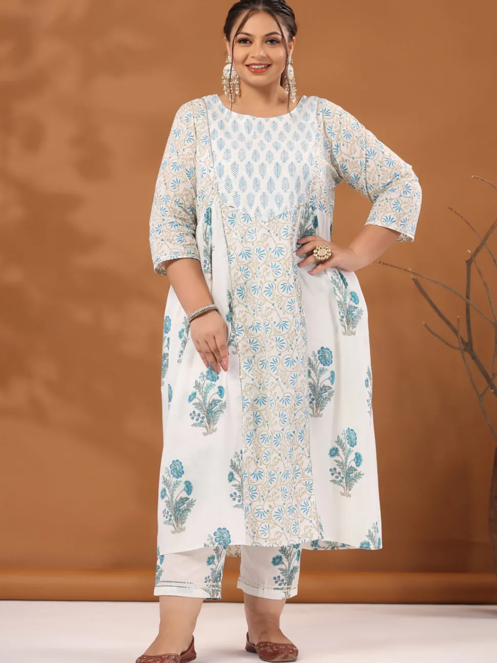 Jaipur Kurti Plus Size White & Turquoise Blue Ethnic Printed Flared Kurta With Pants & Dupatta