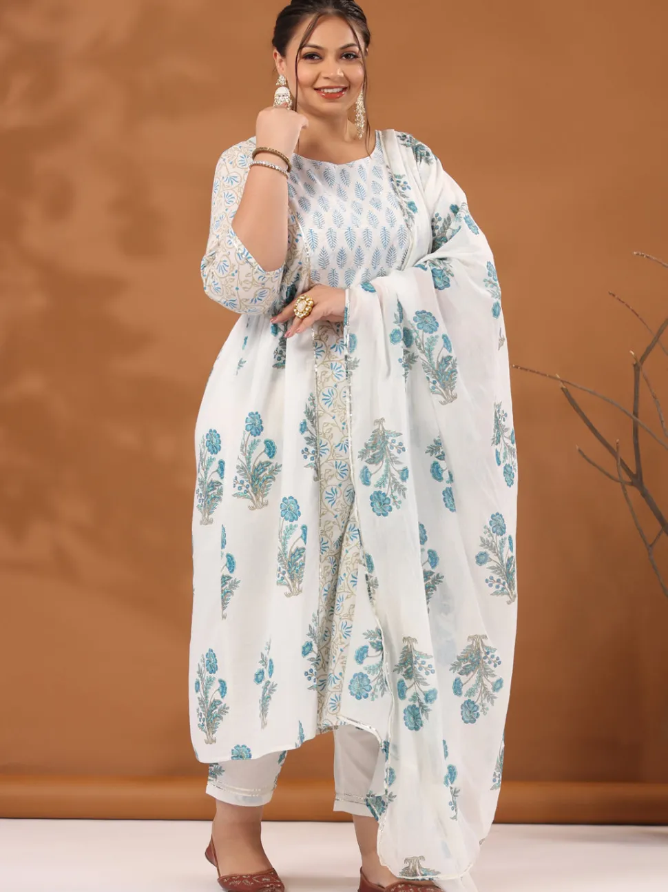 Jaipur Kurti Plus Size White & Turquoise Blue Ethnic Printed Flared Kurta With Pants & Dupatta