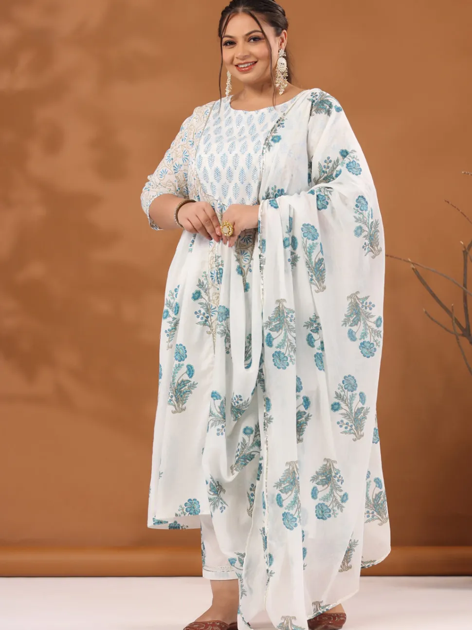 Jaipur Kurti Plus Size White & Turquoise Blue Ethnic Printed Flared Kurta With Pants & Dupatta
