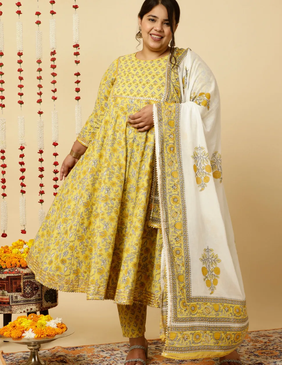 Jaipur Kurti Plus Size Ethnic Print Anarkali Kurta With Pants And Dupatta