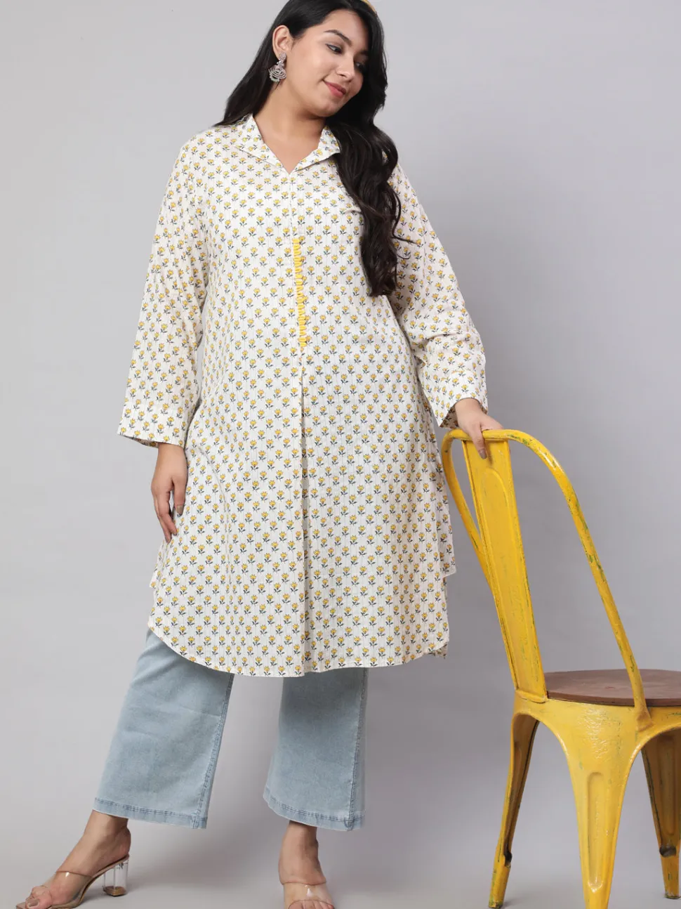 Jaipur Kurti Plus Size Ethnic Printed Cotton Lurex Kurta