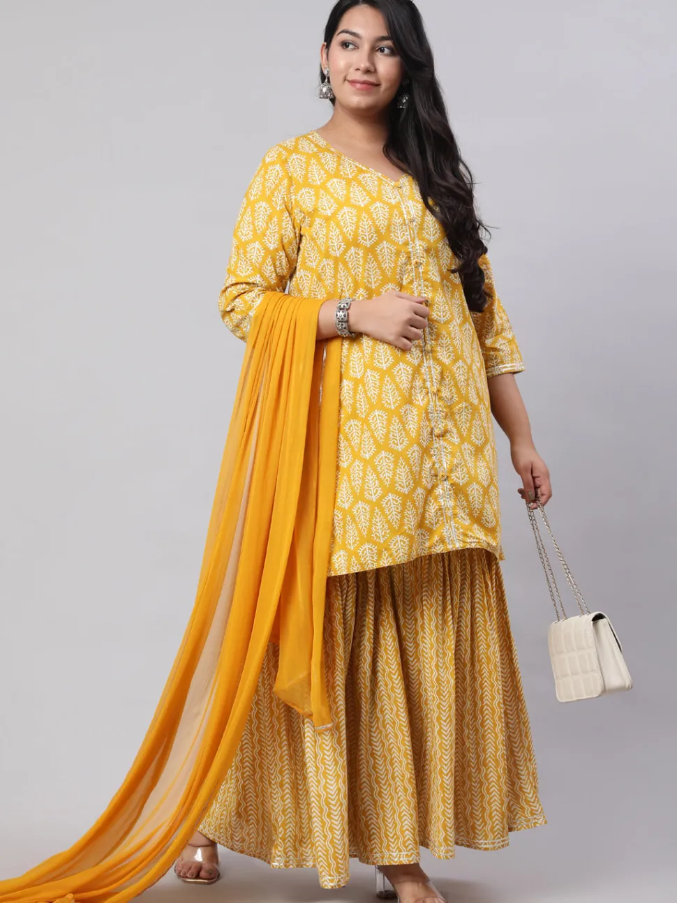 Jaipur Kurti Plus Size Ethnic Printed Kurti With Sharara And Chiffon Dupatta
