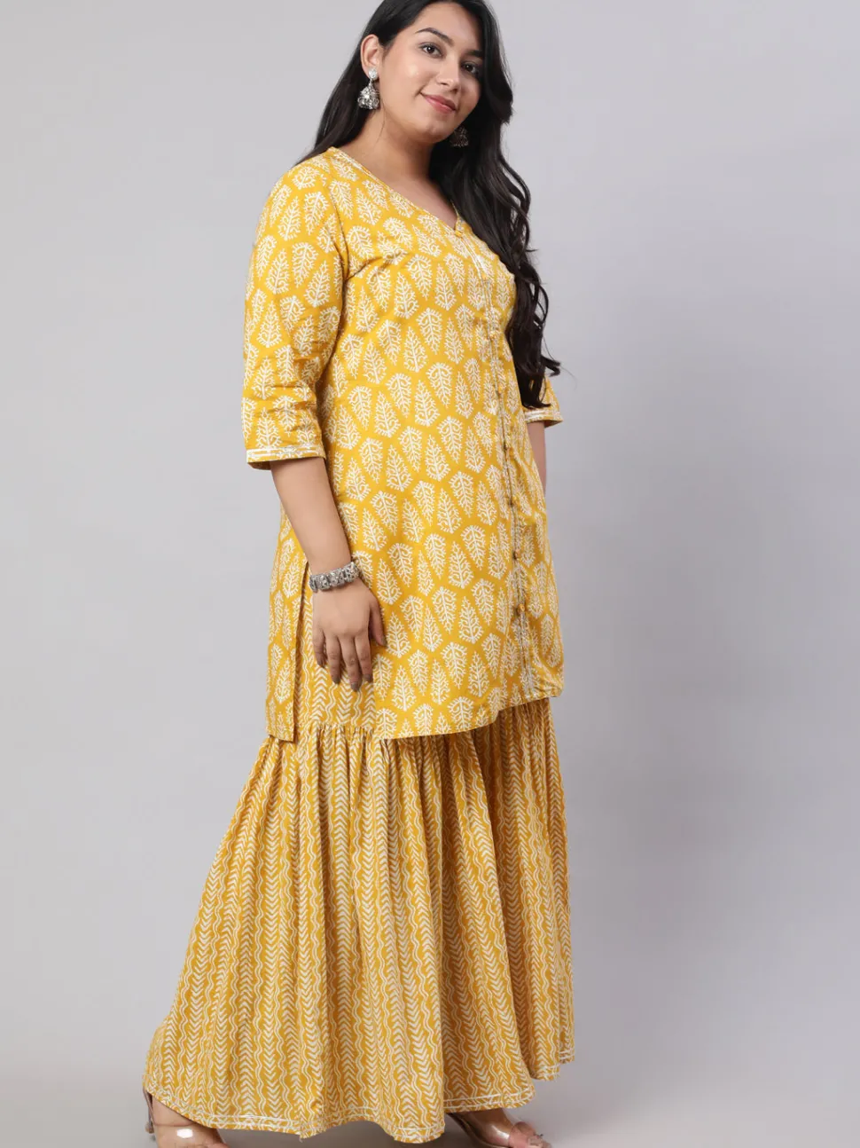 Jaipur Kurti Plus Size Ethnic Printed Kurti With Sharara And Chiffon Dupatta