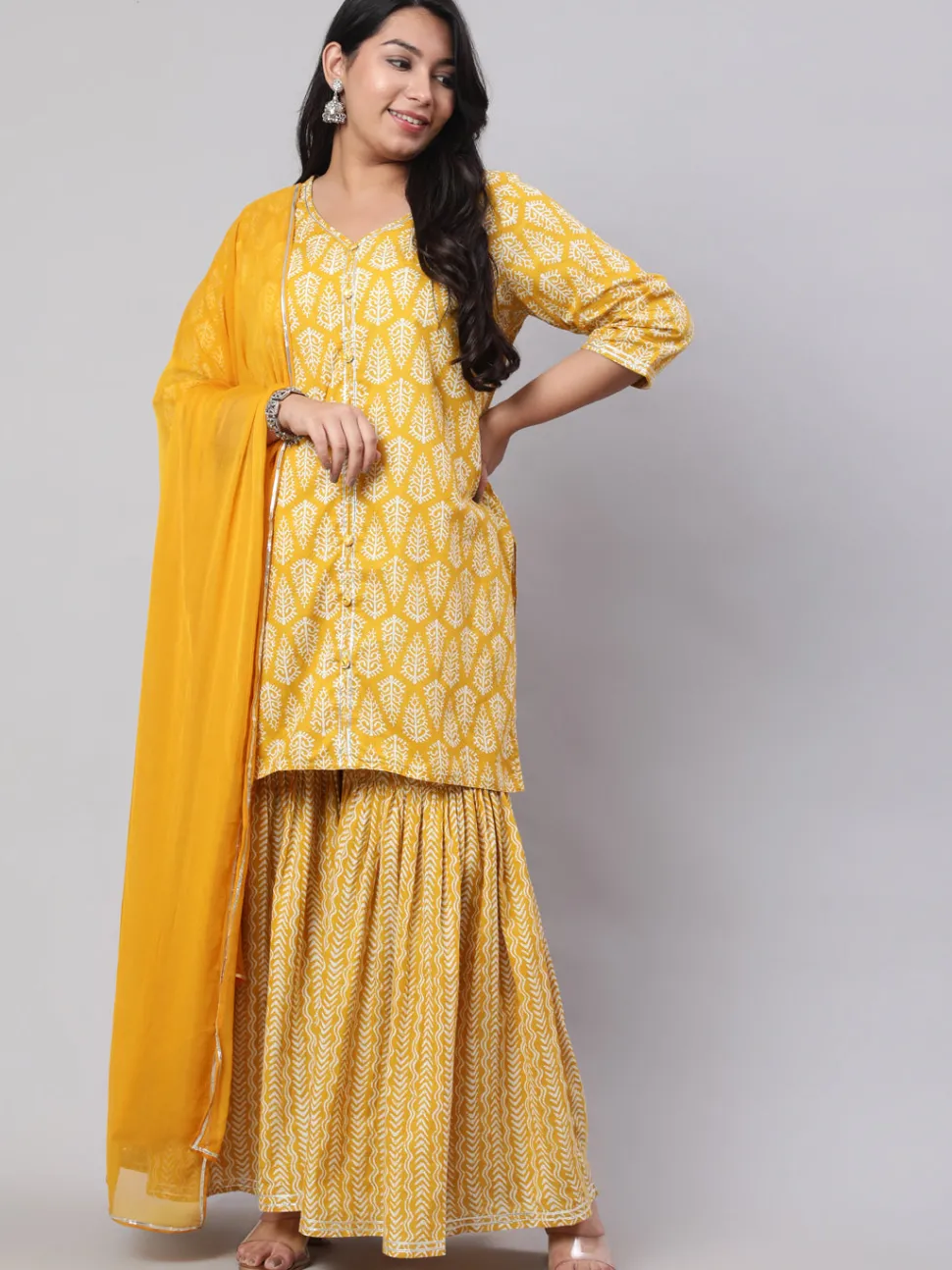Jaipur Kurti Plus Size Ethnic Printed Kurti With Sharara And Chiffon Dupatta