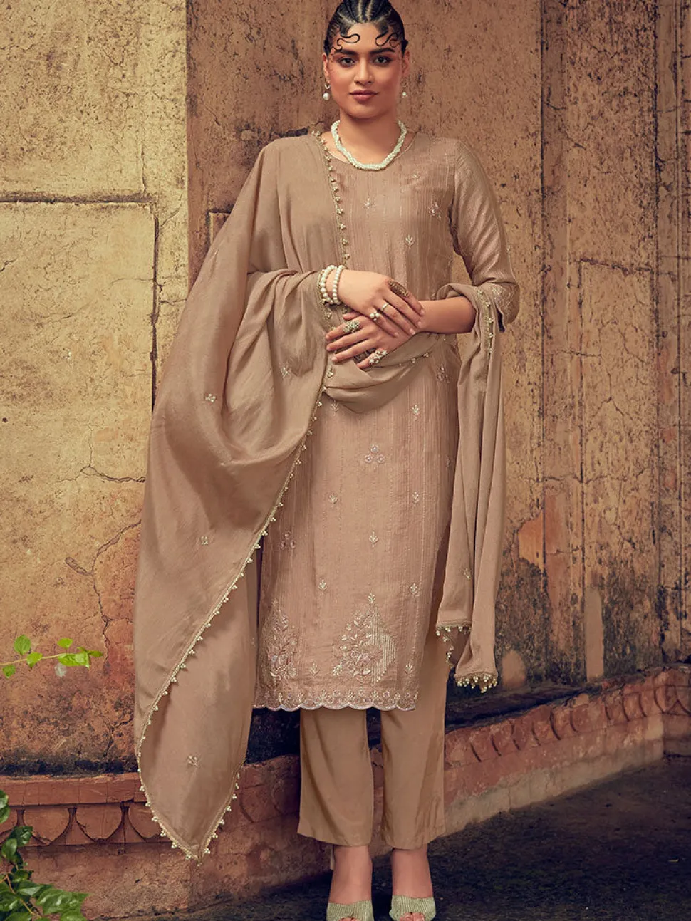 Jaipur Kurti Powder Color Straight Zardozi Embroided Kurta With Pants And Chinon Embroidered Dupatta