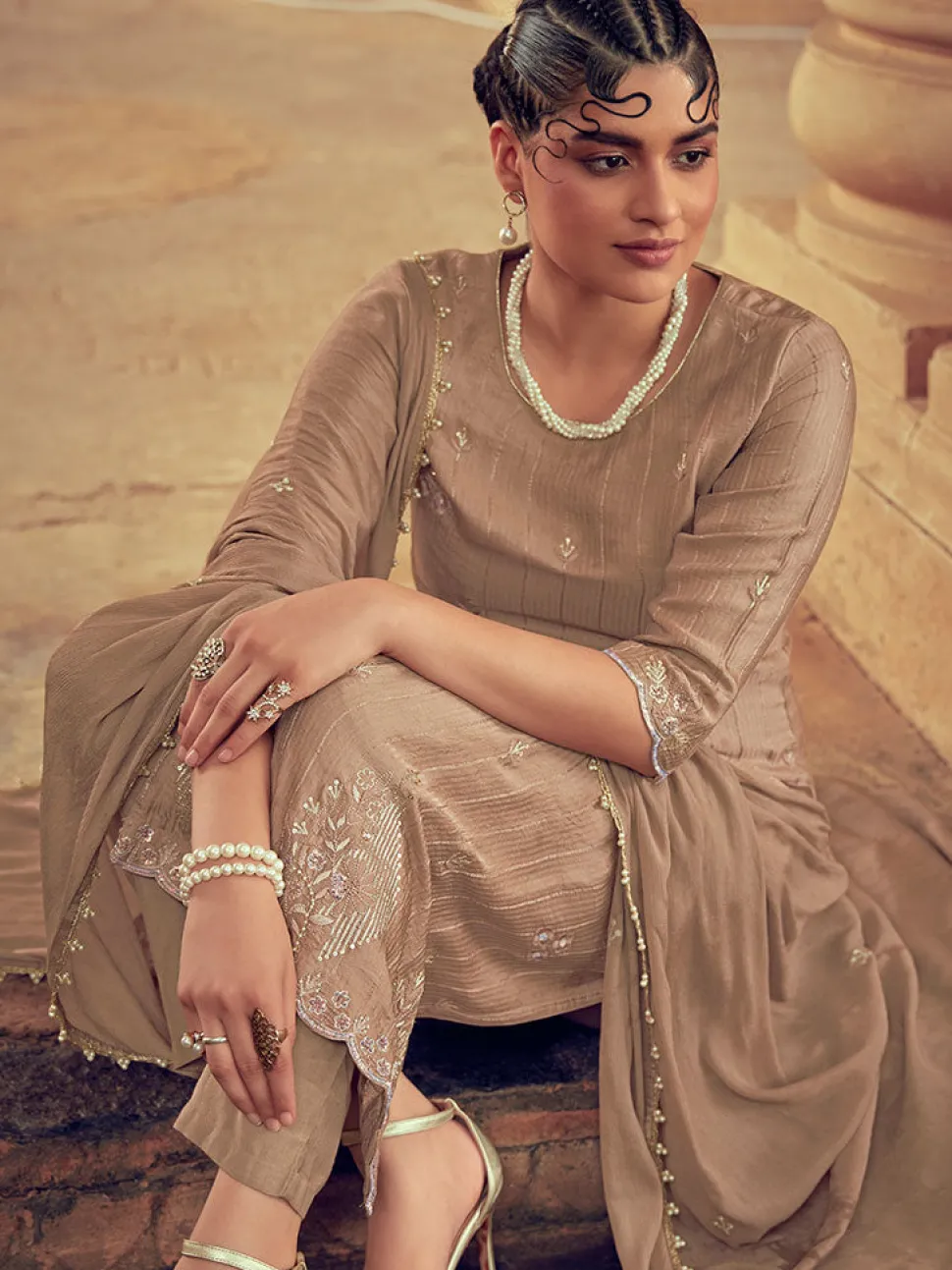 Jaipur Kurti Powder Color Straight Zardozi Embroided Kurta With Pants And Chinon Embroidered Dupatta