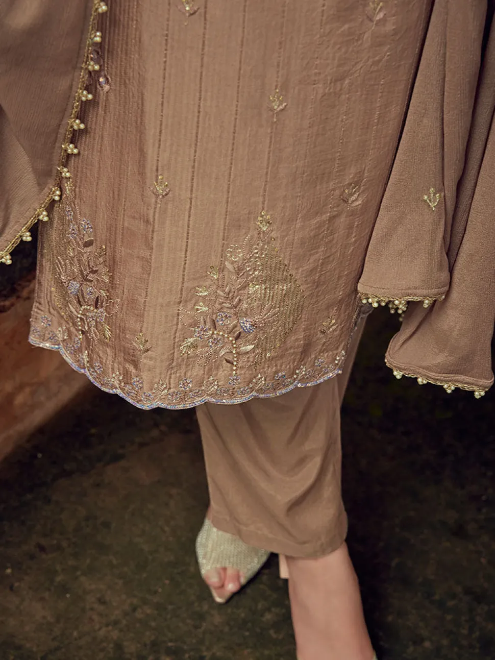 Jaipur Kurti Powder Color Straight Zardozi Embroided Kurta With Pants And Chinon Embroidered Dupatta