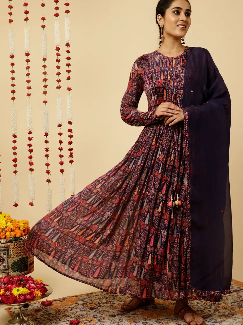 Jaipur Kurti Tribal Printed Flared Kurta With Dupatta