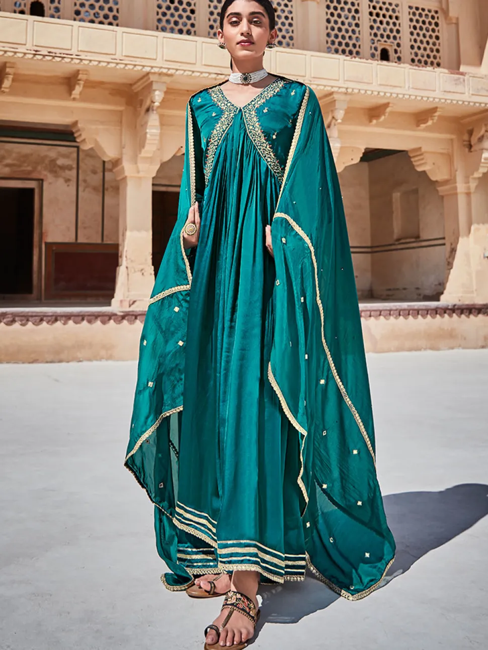 Jaipur Kurti Rama Zardosi Embroidered Silk Long Kurta Paired With Embrodiered Organza Dupatta
