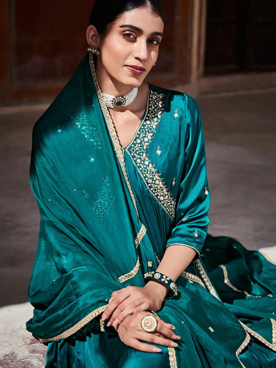 Jaipur Kurti Rama Zardosi Embroidered Silk Long Kurta Paired With Embrodiered Organza Dupatta