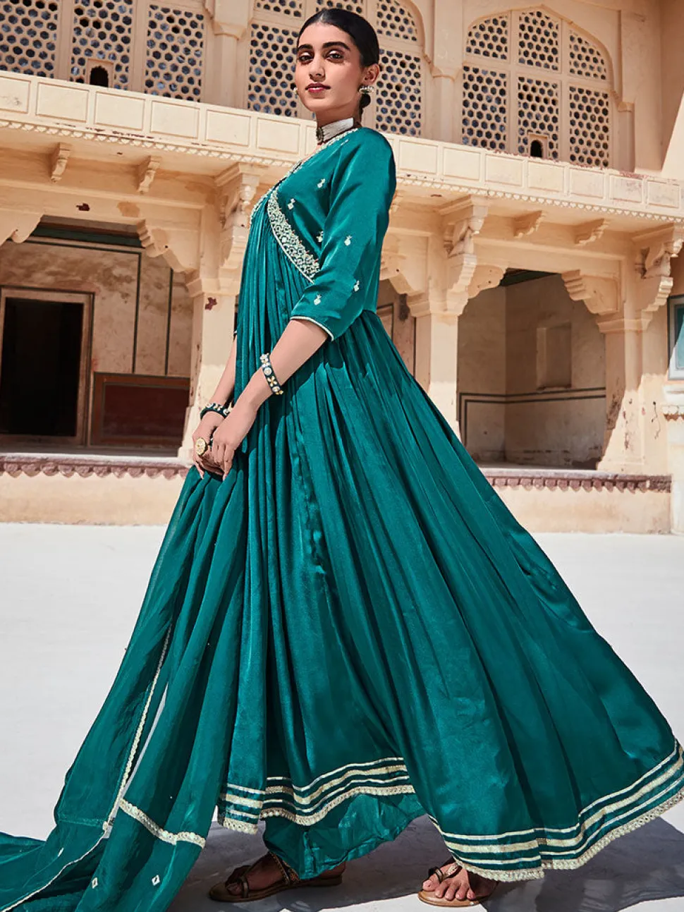 Jaipur Kurti Rama Zardosi Embroidered Silk Long Kurta Paired With Embrodiered Organza Dupatta