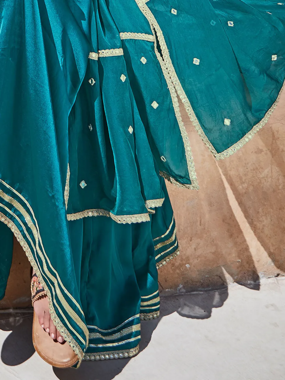 Jaipur Kurti Rama Zardosi Embroidered Silk Long Kurta Paired With Embrodiered Organza Dupatta
