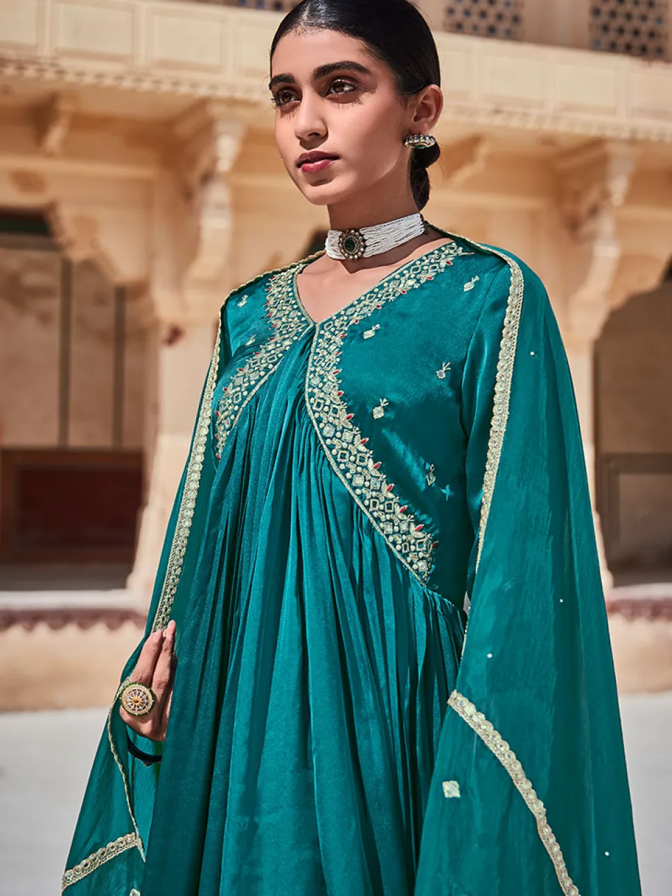 Jaipur Kurti Rama Zardosi Embroidered Silk Long Kurta Paired With Embrodiered Organza Dupatta