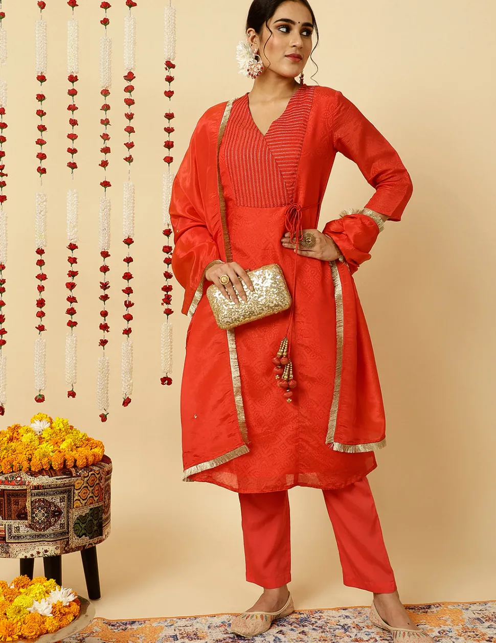 Jaipur Kurti A-line Silk Kantha Work Kurta With Pants And Dupatta