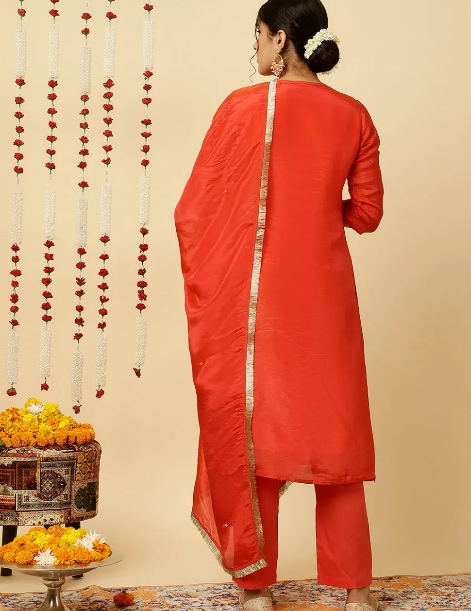 Jaipur Kurti A-line Silk Kantha Work Kurta With Pants And Dupatta