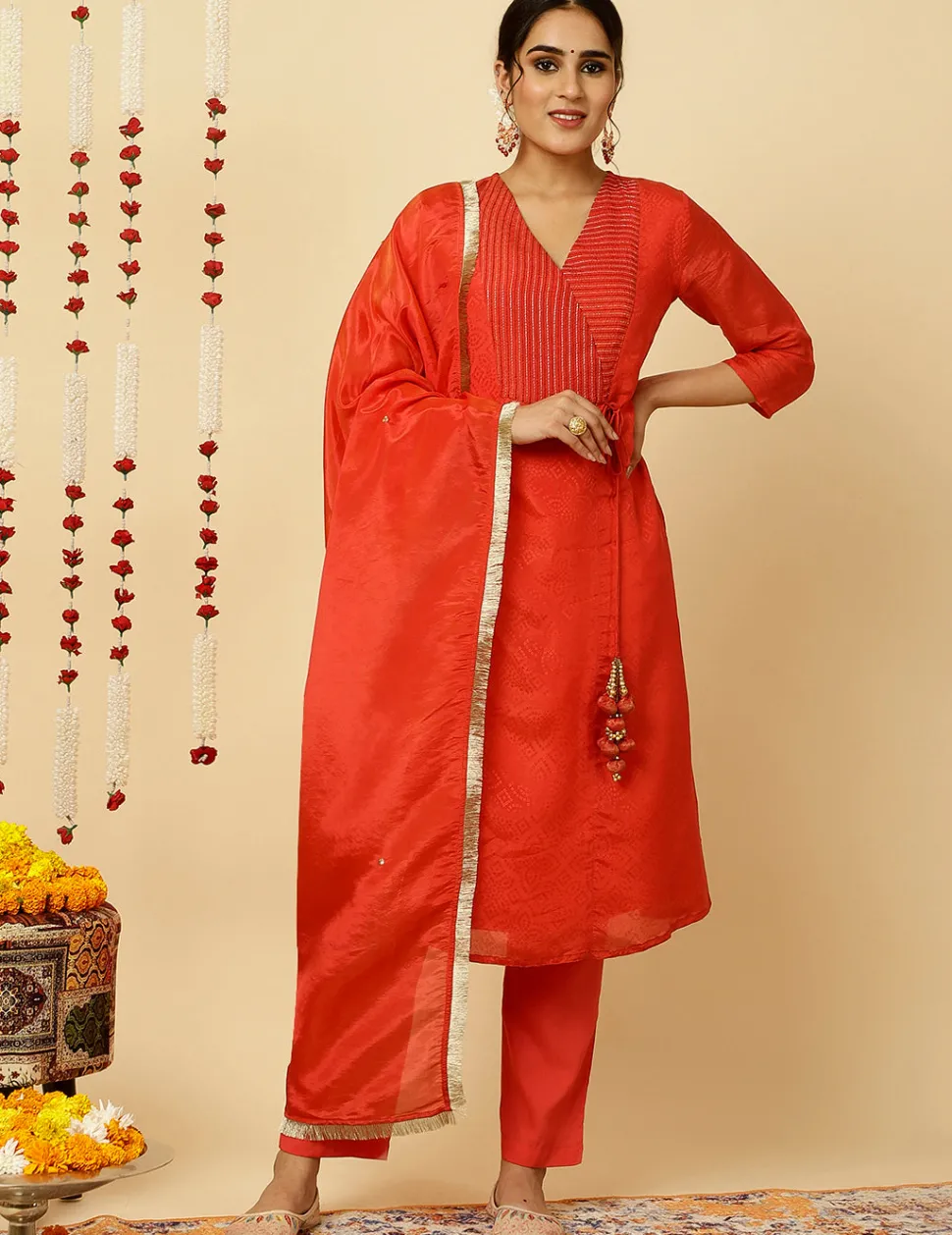 Jaipur Kurti A-line Silk Kantha Work Kurta With Pants And Dupatta