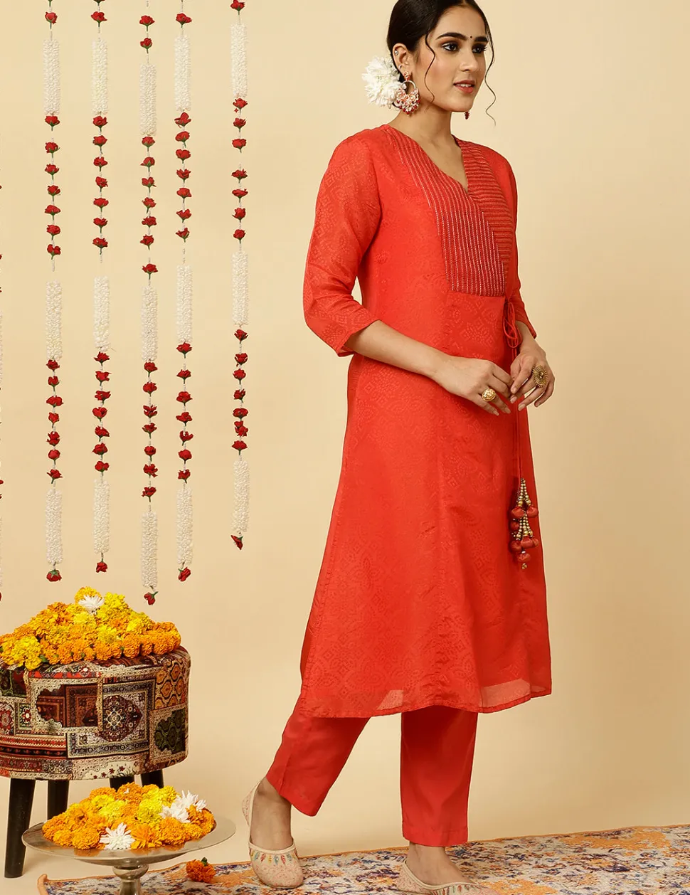Jaipur Kurti A-line Silk Kantha Work Kurta With Pants And Dupatta