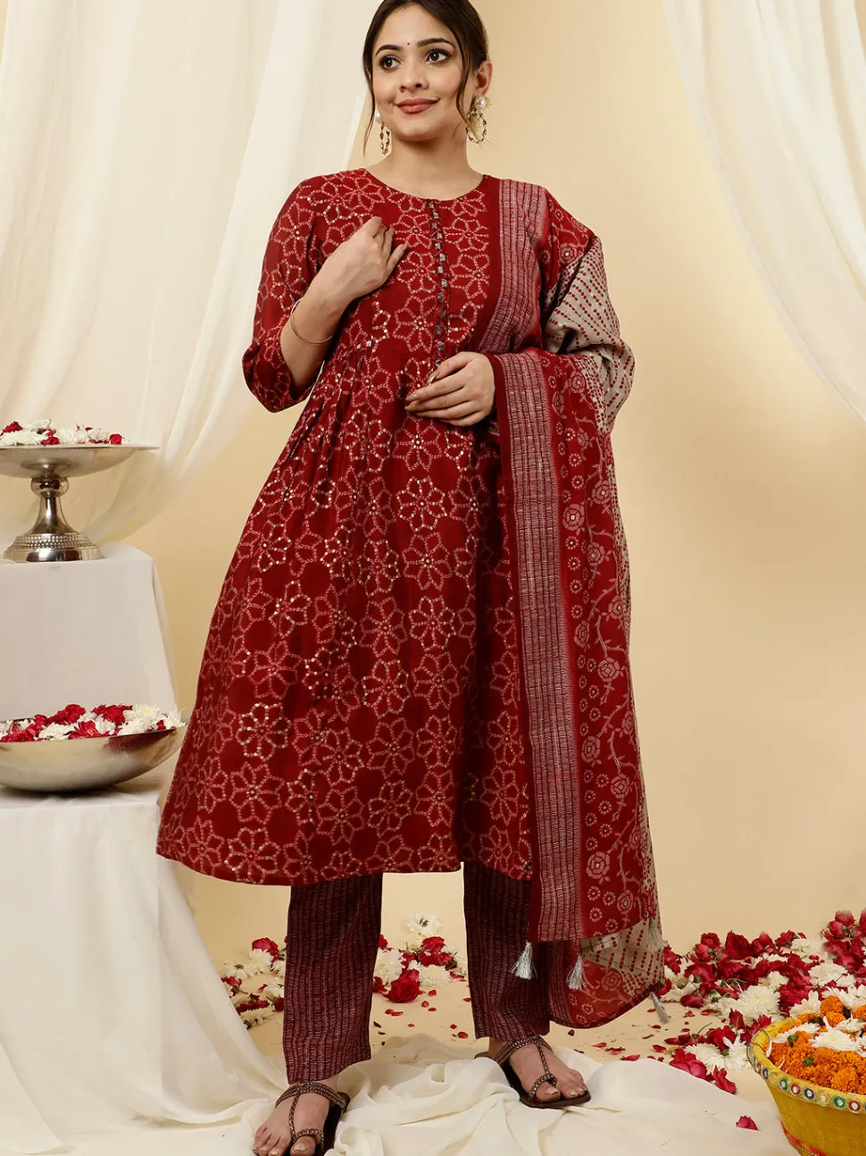 Jaipur Kurti Bandhani Fla Print Kurta With Pants And Dupatta