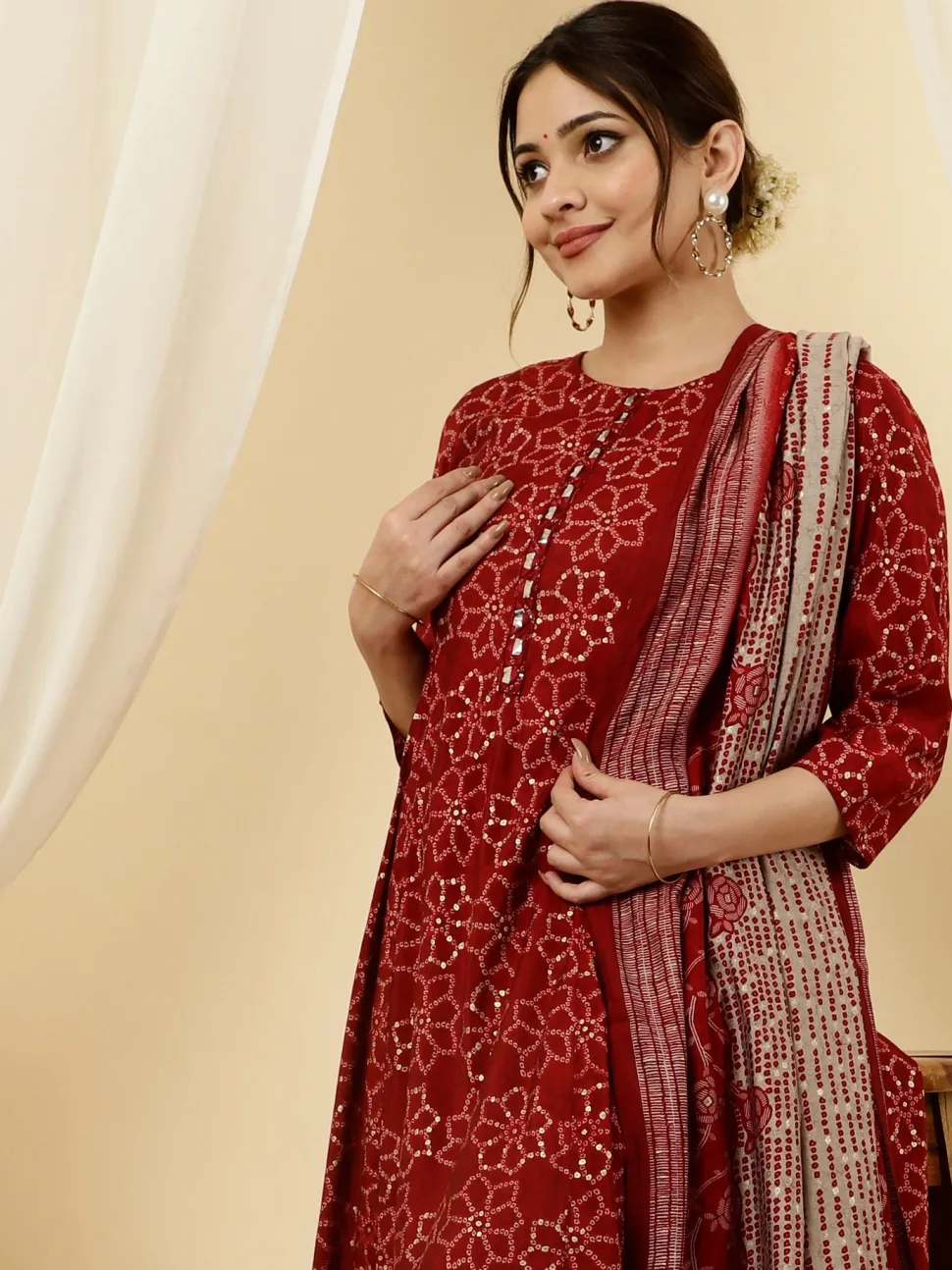 Jaipur Kurti Bandhani Fla Print Kurta With Pants And Dupatta