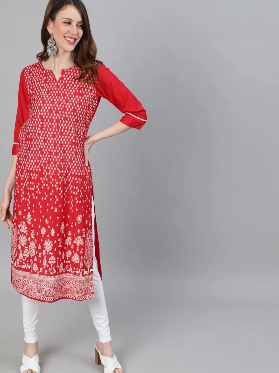 Jaipur Kurti Red Ethnic Motifs Printed Straight Silk Blend Kurta