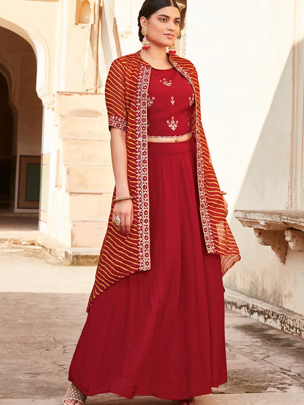 Jaipur Kurti Gota Patti Embroide Crop Top And Skirt With Bandhej Kota Silk Embroide Shrug