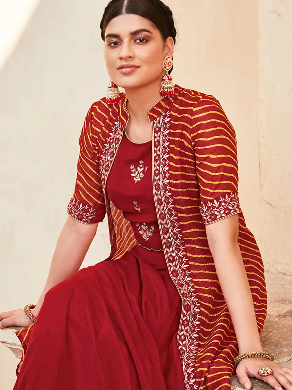 Jaipur Kurti Gota Patti Embroide Crop Top And Skirt With Bandhej Kota Silk Embroide Shrug